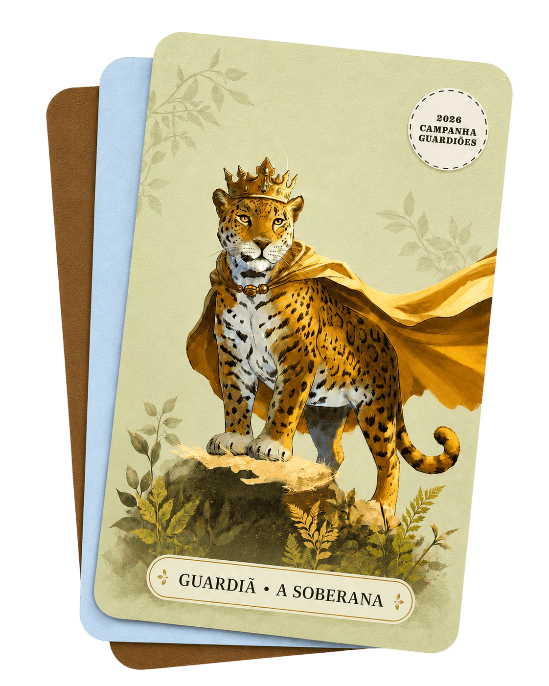 A Soberana, guardião onça-pintada com coroa e capa dourada — primeiro card da campanha
